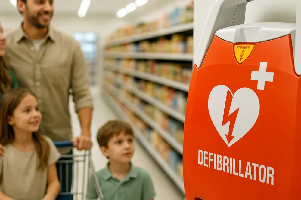 Desfibrilador instalado e sinalizado no corredor de um supermercado